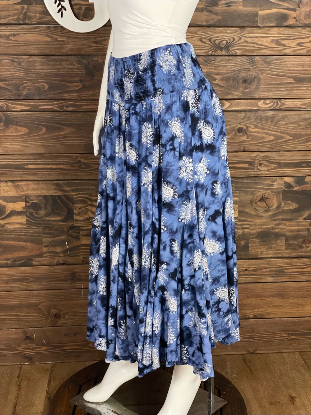 Caleoas Blue Tie-Dye Paisley Maxi Skirt Smocked Waist Ruffle Flowy Trim Medium